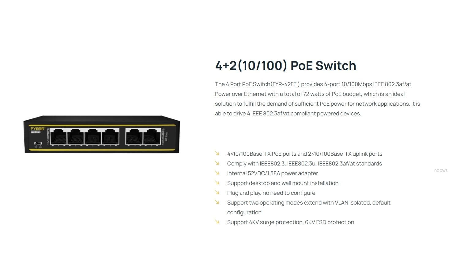FYBER 4PORT POE SWITCH + 2PORT UPLINK (10/100) 4 Ports 100 Mbps Smart Network Switch (Black)