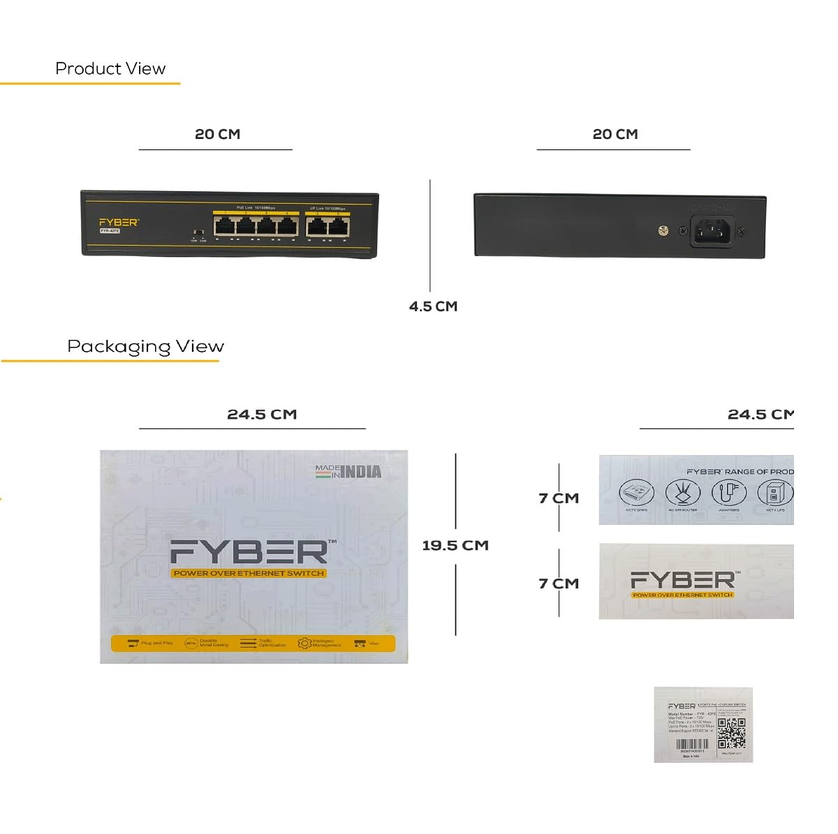 FYBER 4PORT POE SWITCH + 2PORT UPLINK (10/100) 4 Ports 100 Mbps Smart Network Switch (Black)
