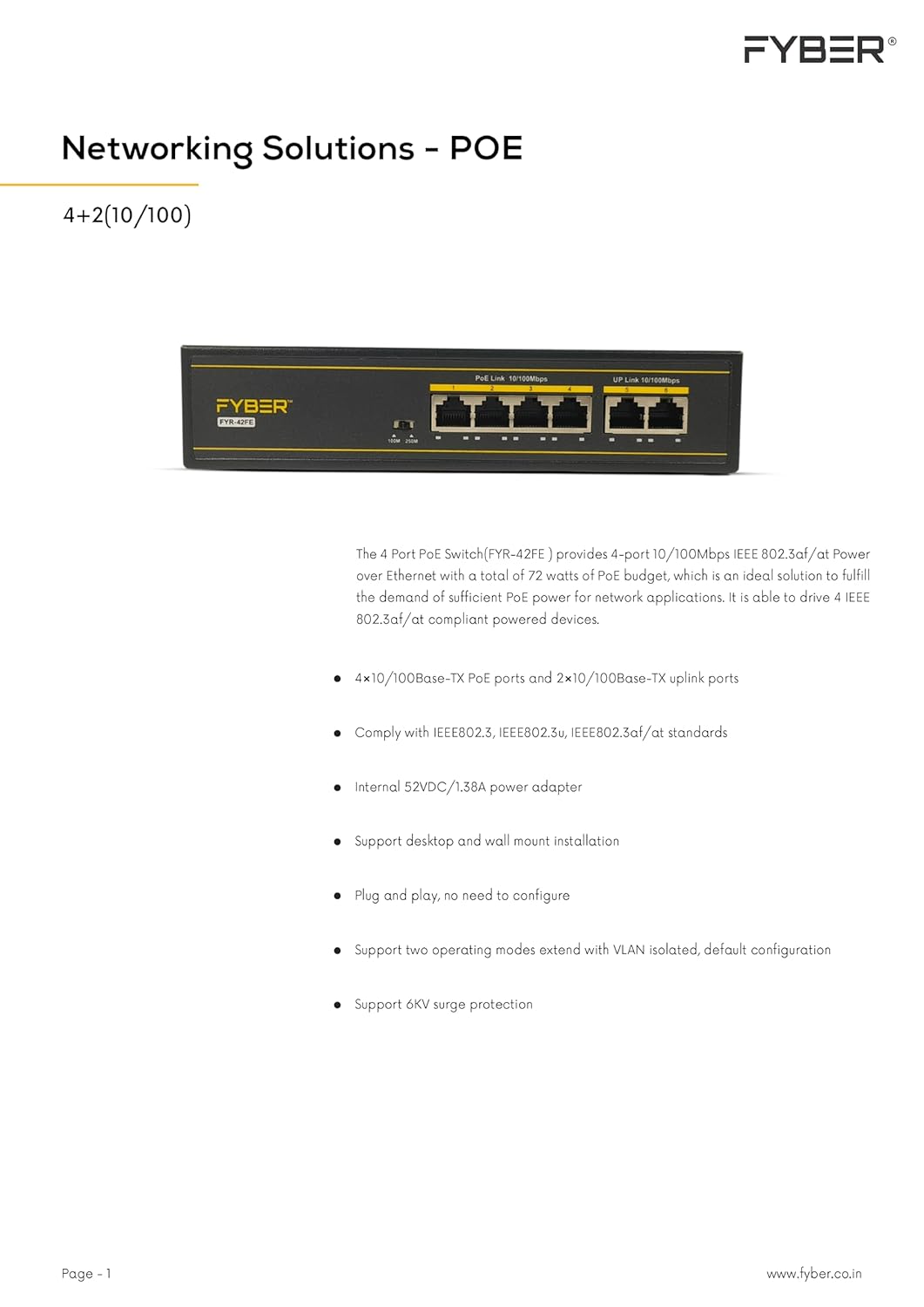 FYBER 4PORT POE SWITCH + 2PORT UPLINK (10/100) 4 Ports 100 Mbps Smart Network Switch (Black)